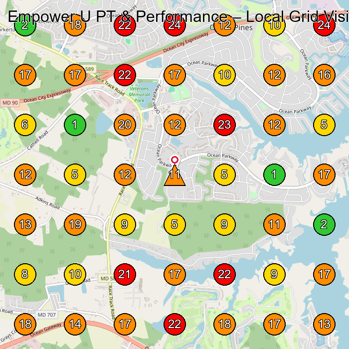 Empower U PT & Performance Physical Therapy Clinic GeoGrid ranking map for Ocean Pines MD